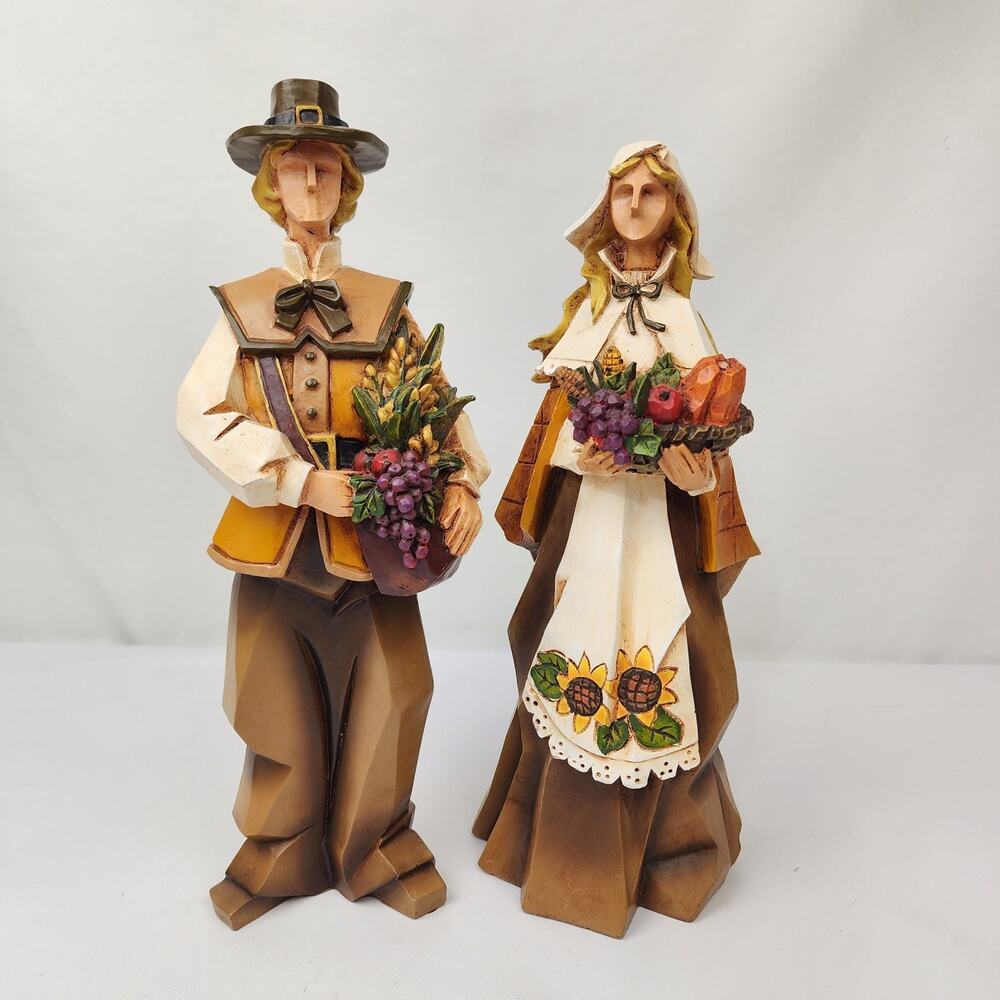 Pacific Rim Harvest Pilgrim Set Man Woman Multicolor Carved Resin 13” - Read